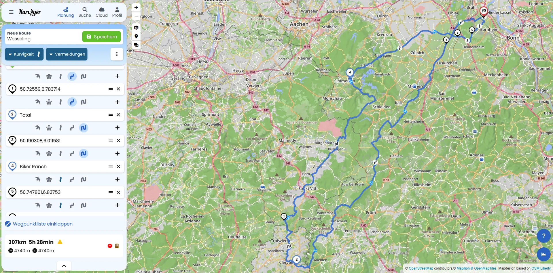 Der Alt-Text lautet: Anzeige der Routing-Einstellungen in Kurviger mit dem Profil kurvig für die Motorrad-Navigation.