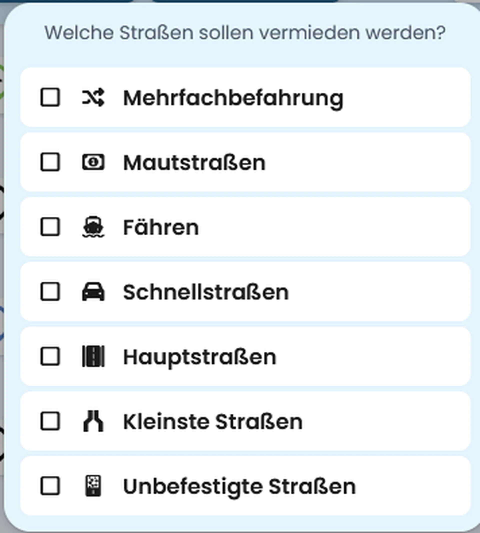 Menü der Vermeidungsoptionen in der Kurviger-App zum Ausschluss von kleinsten und unbefestigten Straßen.