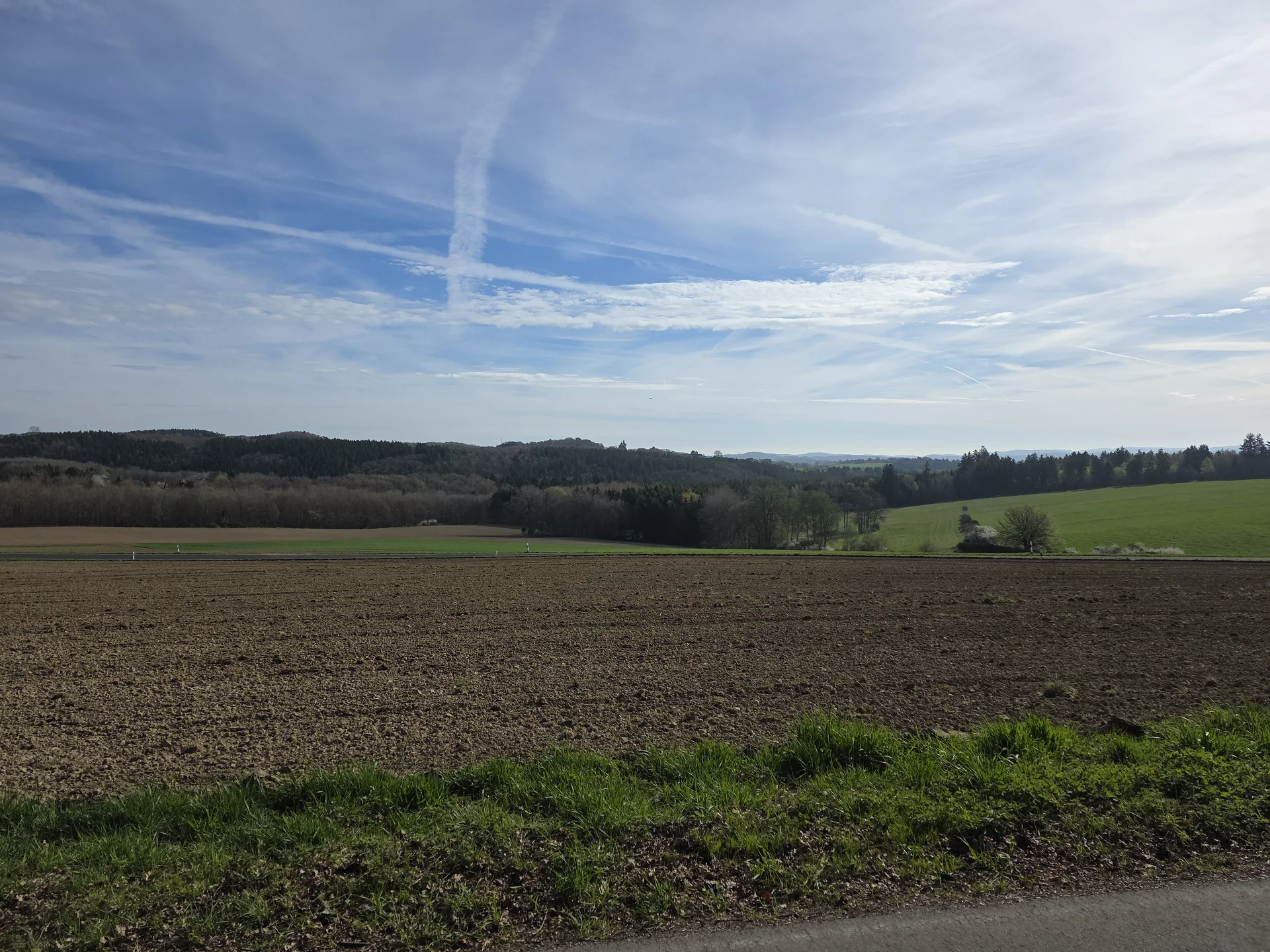 Eine weite, hügelige Landschaft der Eifel mit einer kurvigen Landstraße unter bewölktem Himmel.