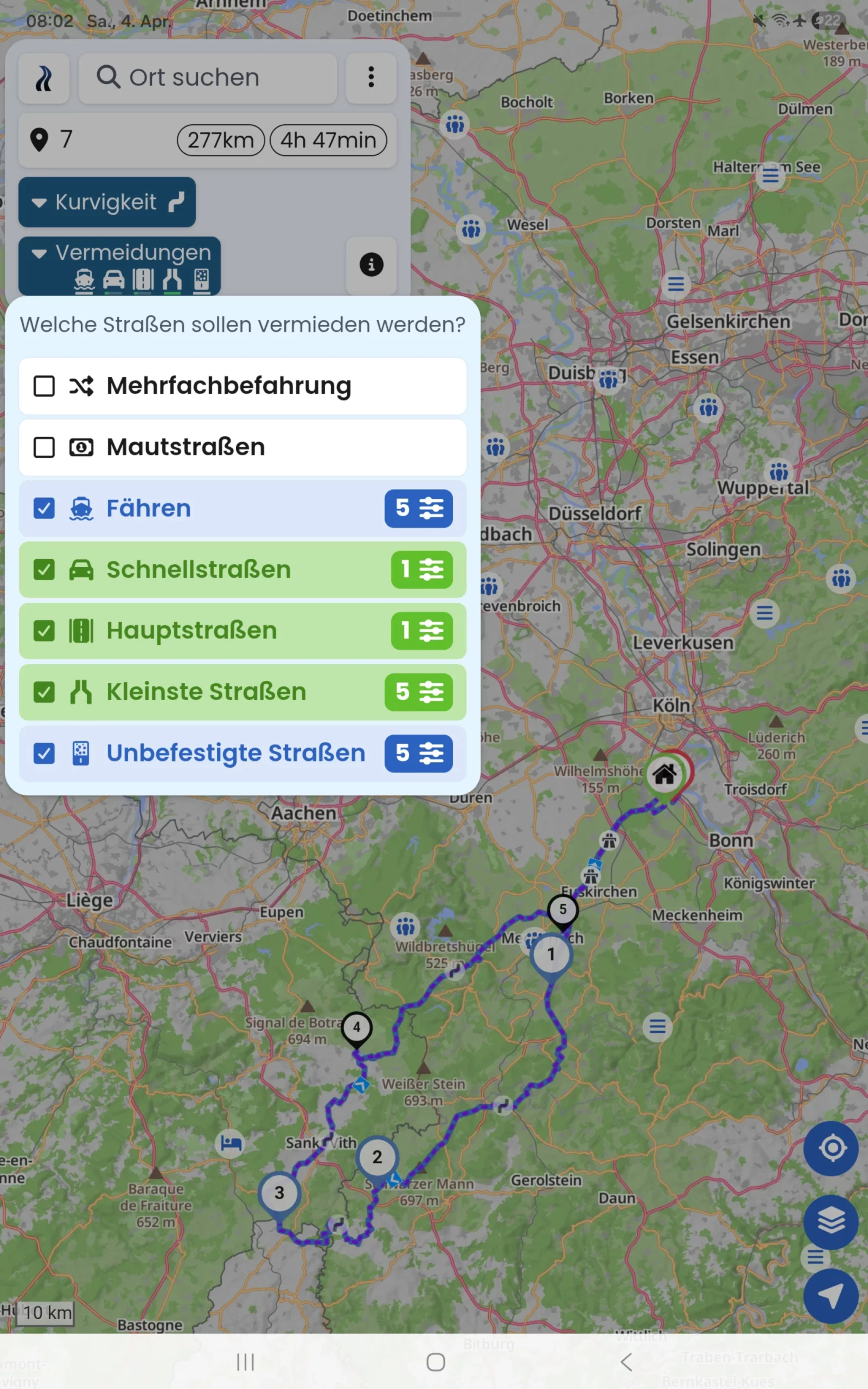 einer Routenplanung für eine 277 Kilometer lange Motorrad-Tagestour durch Luxemburg