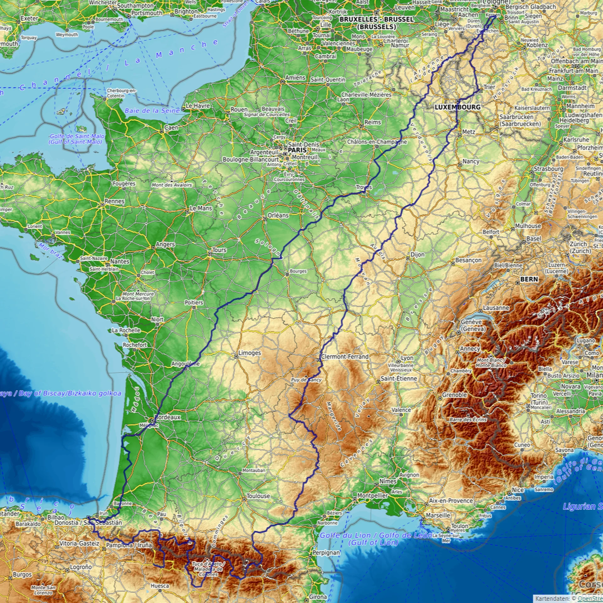 Übersichtskarte der Motorradreise 2026 durch Deutschland, Luxemburg, Belgien, Frankreich, Spanien und Andorra