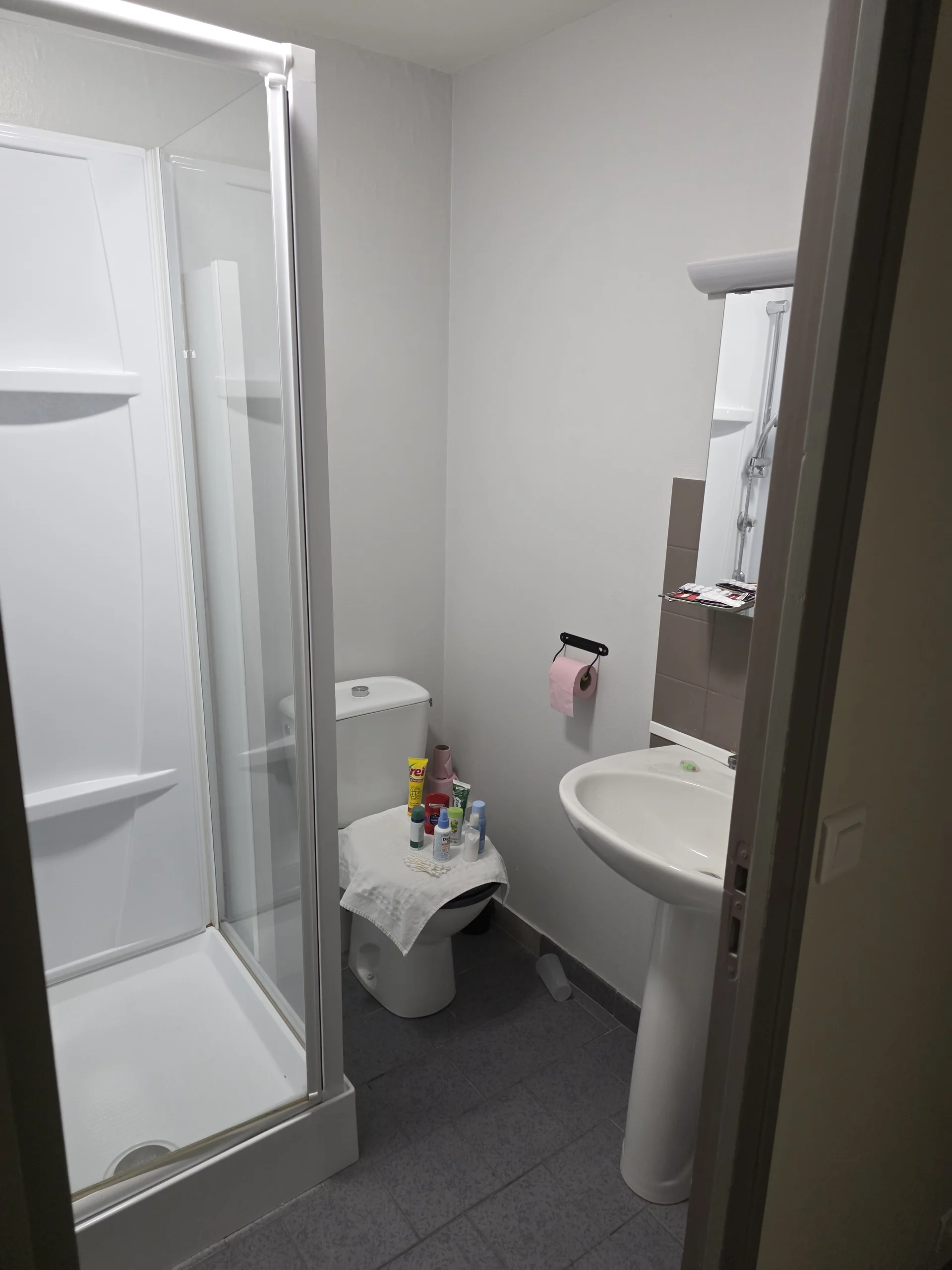 Kompaktes Badezimmer mit Dusche im Hôtel de l’Abbaye in Saint-Savin